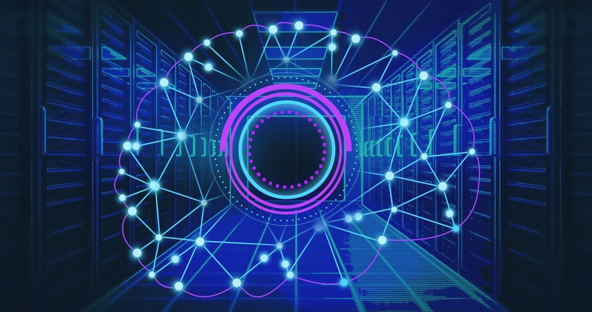 A glowing blue and purple neural network diagram overlaid on a high-tech data center server room, illustrating AI-driven solutions and cloud computing power