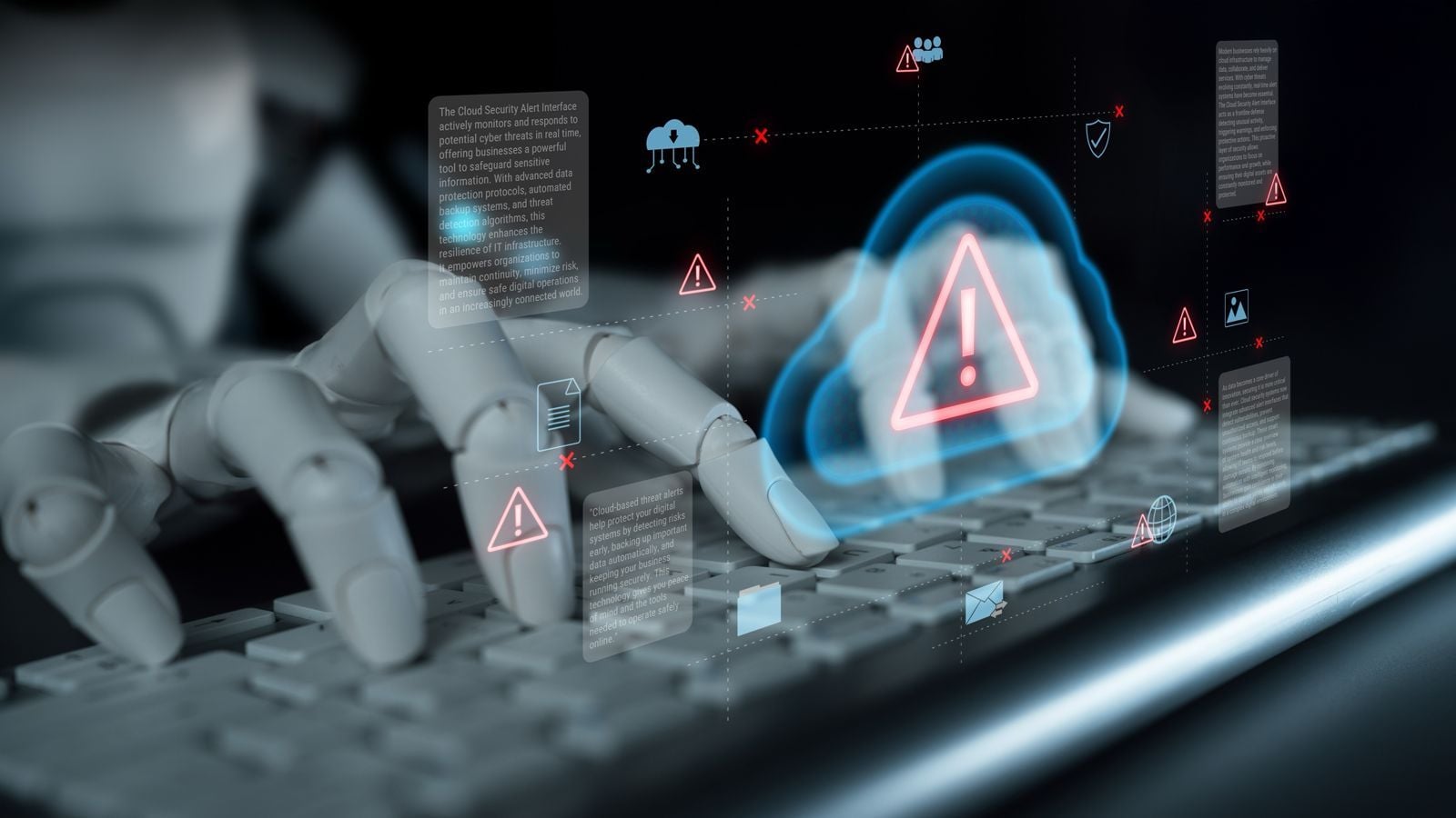 A robotic hand typing on a computer keyboard, surrounded by glowing holographic security alerts, a cloud warning icon, and data interface panels, illustrating AI cybersecurity threats.