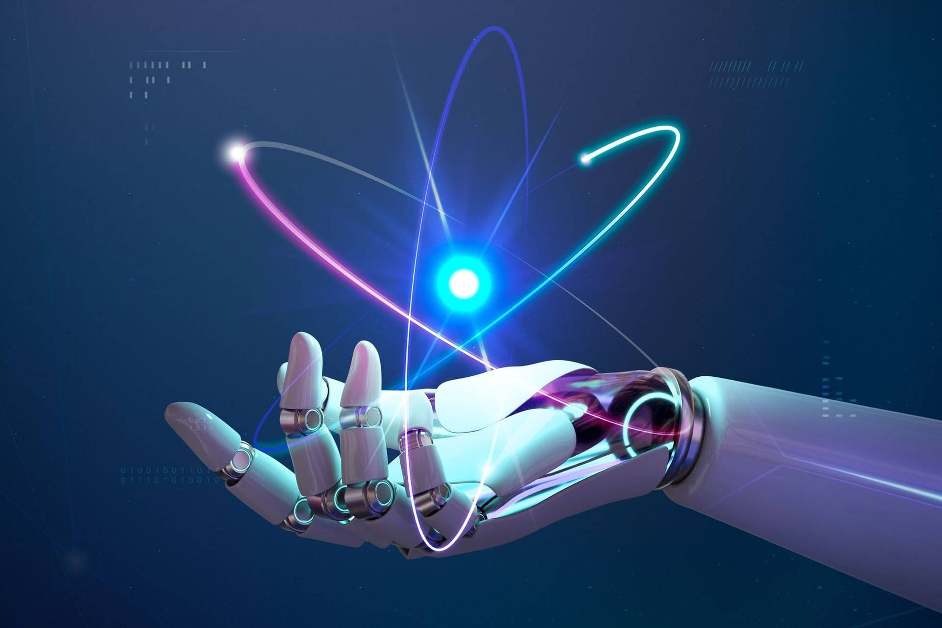 Robotic Hand with atoms in their hand representing AI and integration and future