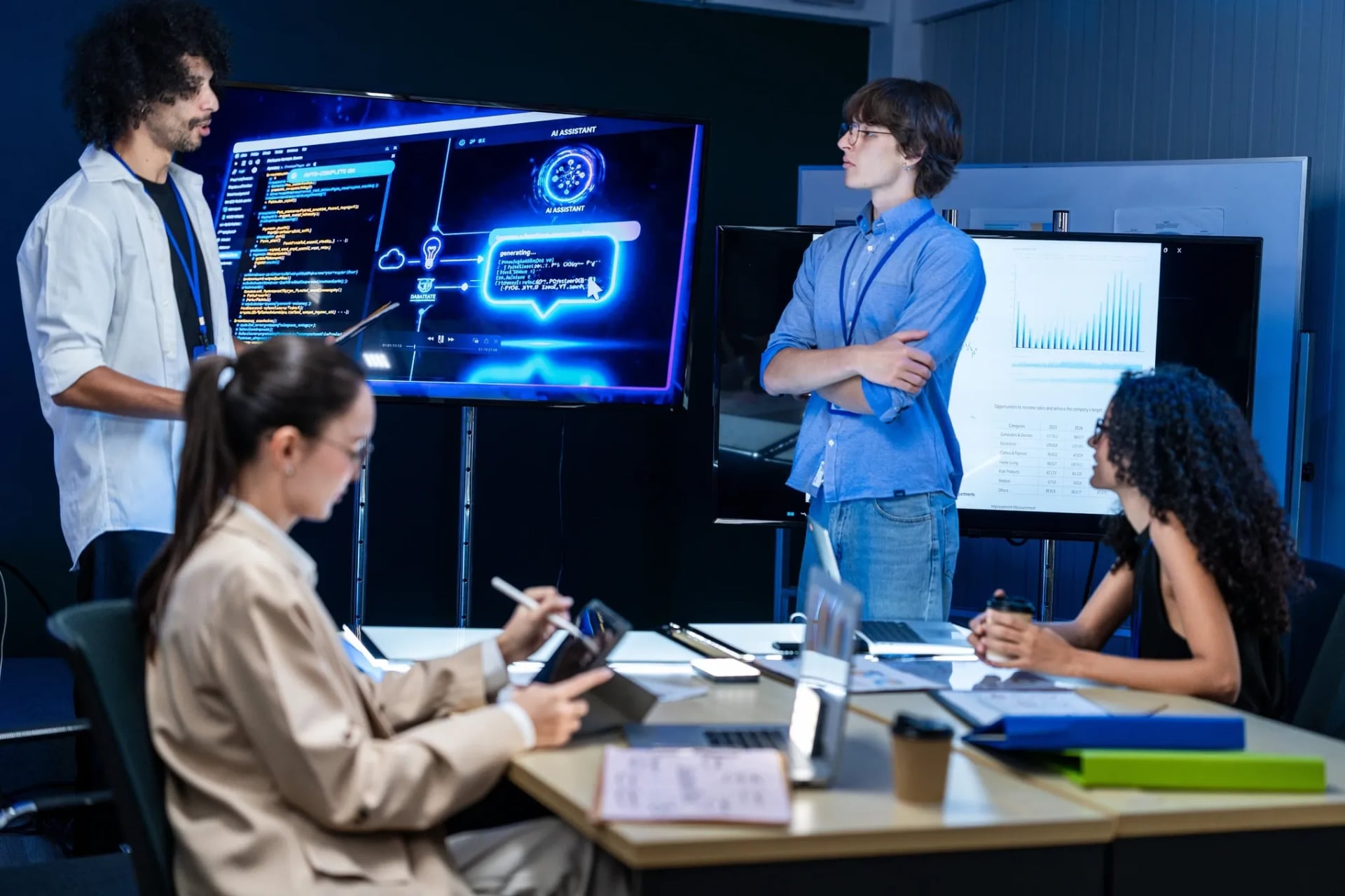 A team of four tech professionals collaborating and analyzing AI assistant code on a large monitor in a modern office,