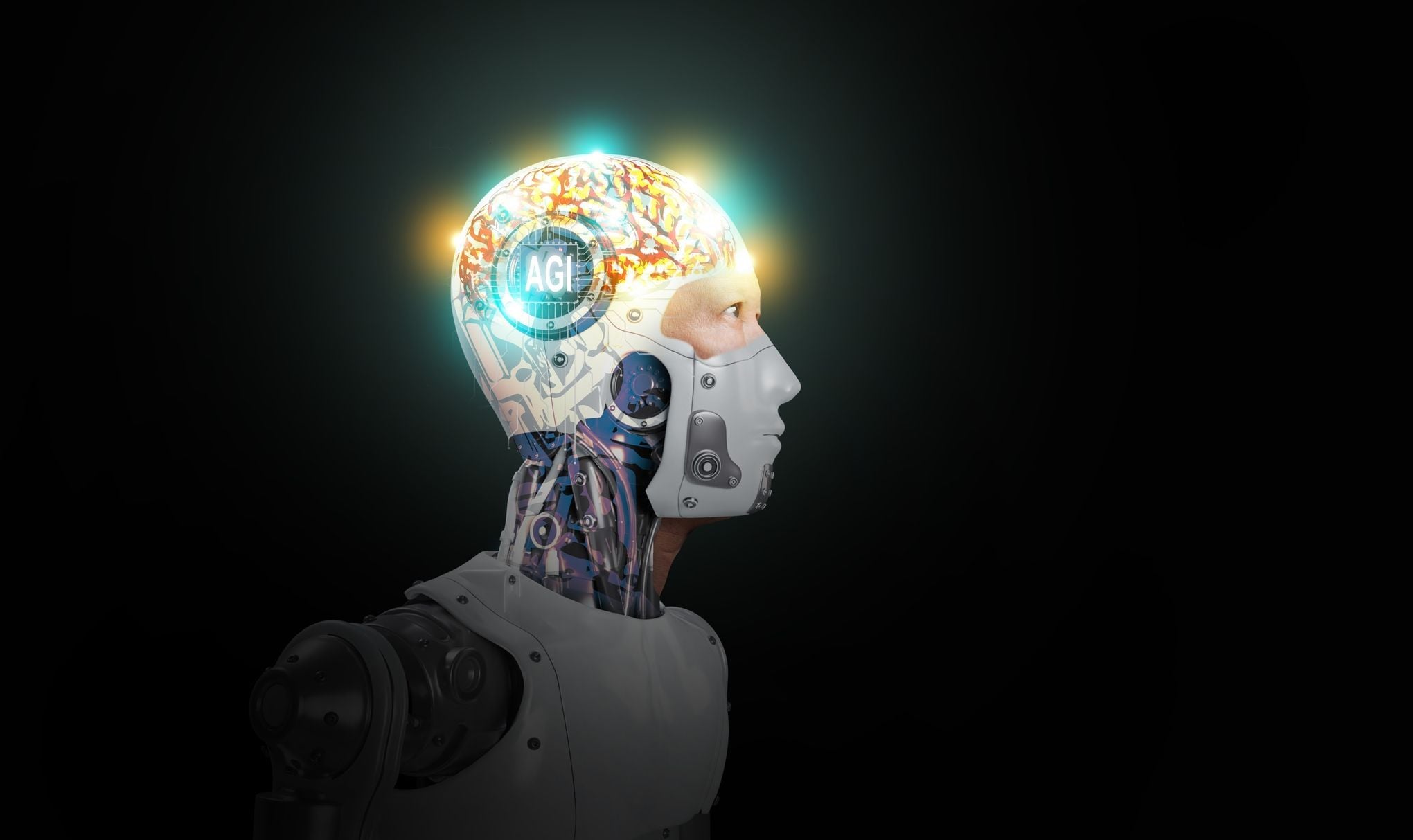 A profile view of a futuristic humanoid robot with a glowing digital brain and an "AGI" interface on its head, representing Artificial General Intelligence.