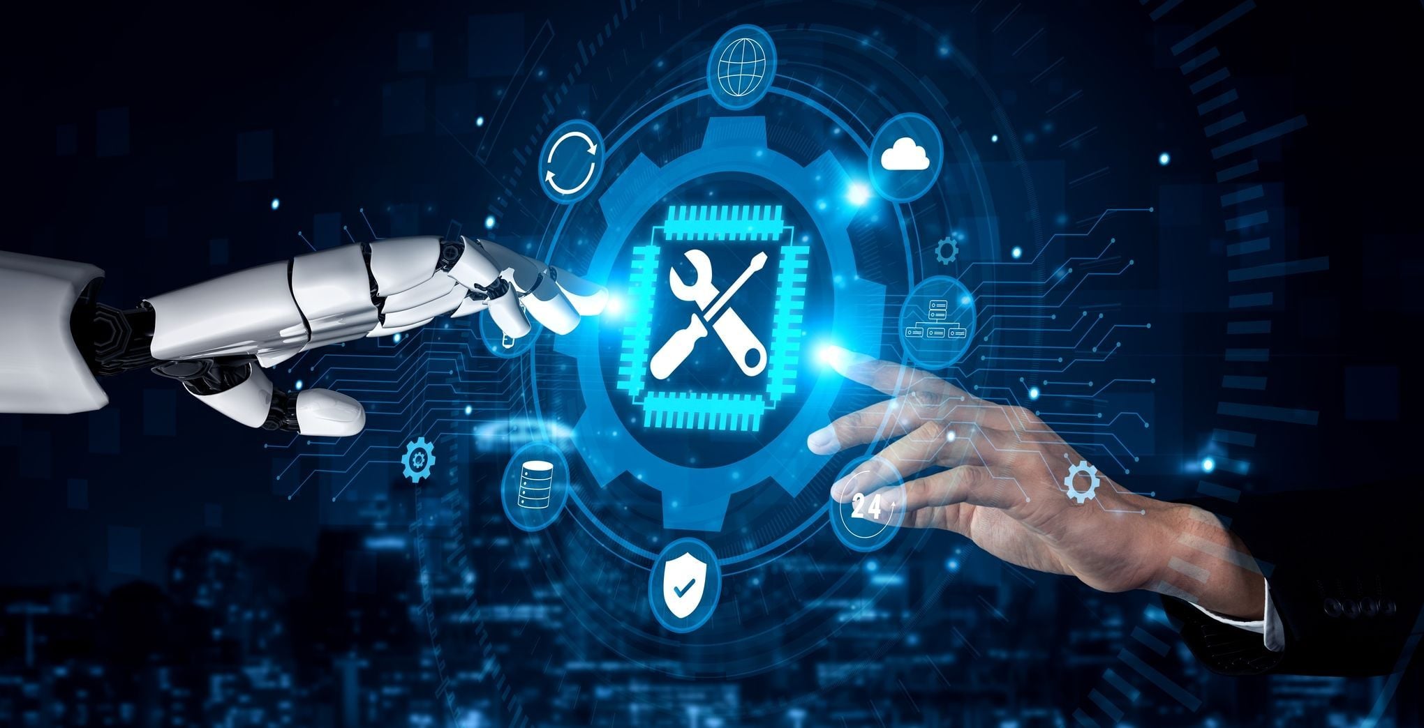 A robotic finger interacting with a digital organizational chart, illustrating how AI agents integrate into modern staff augmentation teams.