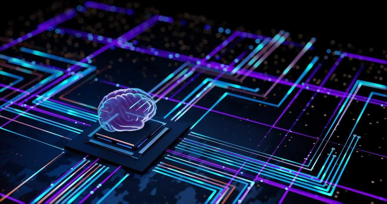 AI brain on a computer chip connected through glowing digital circuit paths representing coding agent security and supply chain risks.