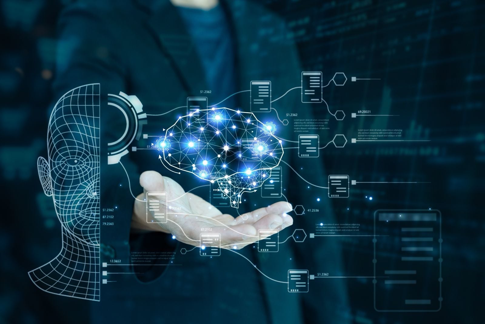 A businessman holding a glowing digital brain and AI wireframe face, representing artificial intelligence ROI and data-driven business insights.
