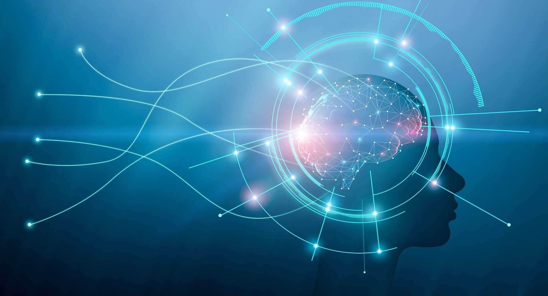Abstract digital illustration of a glowing brain with interconnected data nodes and circuits inside a human silhouette, representing artificial intelligence and neural networks.