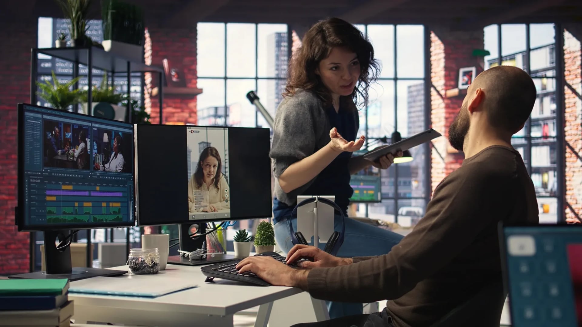 Two colleagues collaborating at a dual-monitor workstation in a modern, brick-walled office