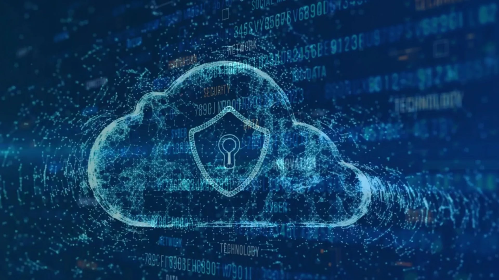 Digital glowing cloud icon containing a security shield and keyhole against a blue background of network nodes, binary data, and code streams.