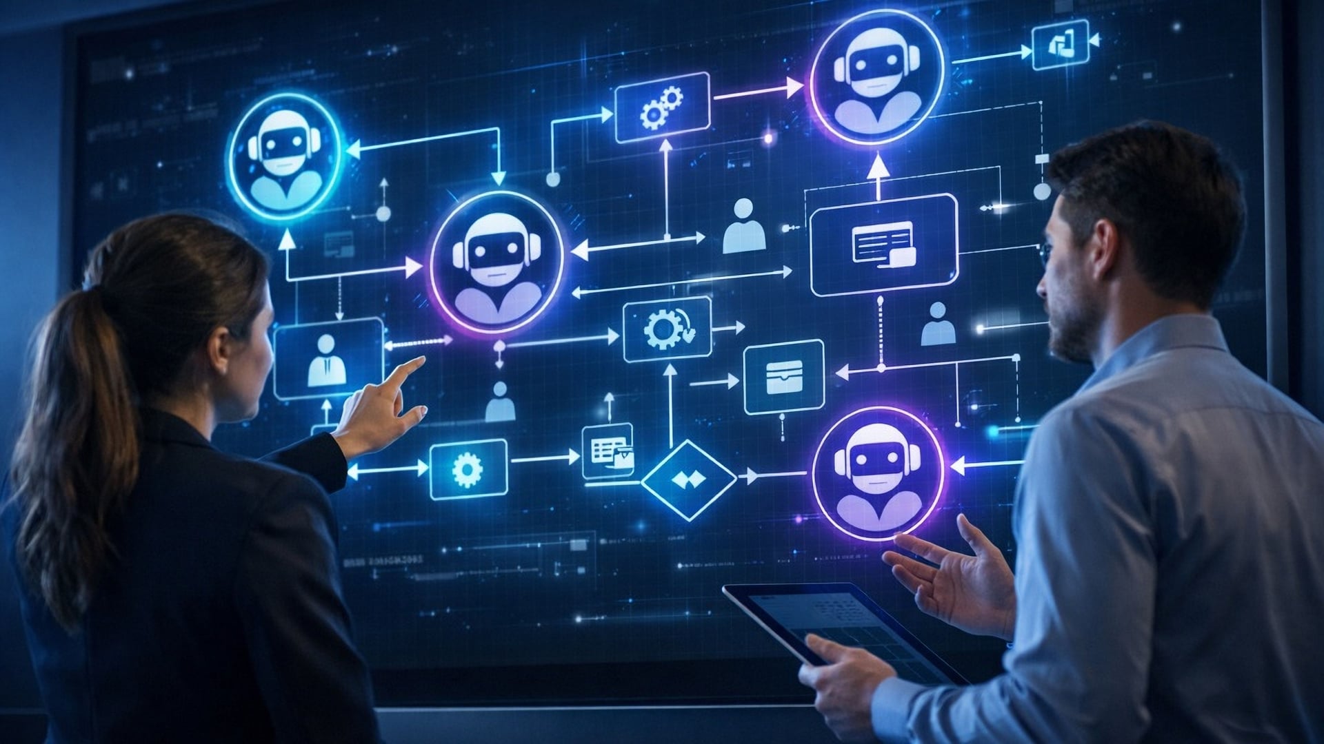 Two business professionals analyzing a glowing digital flowchart on a large screen that maps interconnected workflows between human employee icons and AI agent icons.