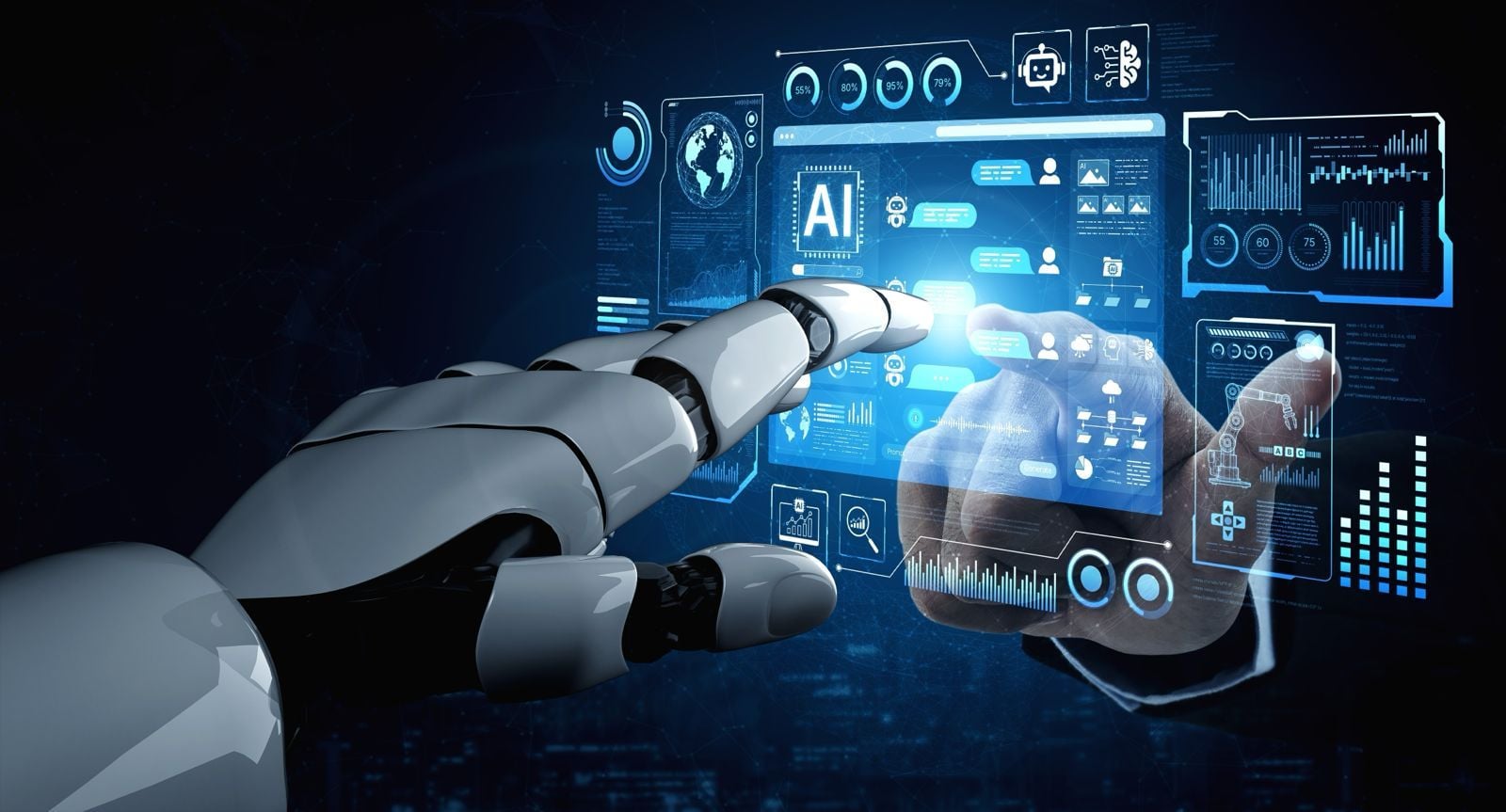 human hand and a robotic hand simultaneously interact with a digital holographic dashboard. The floating screen displays statistics, graphs, network nodes, and artificial intelligence configurations.