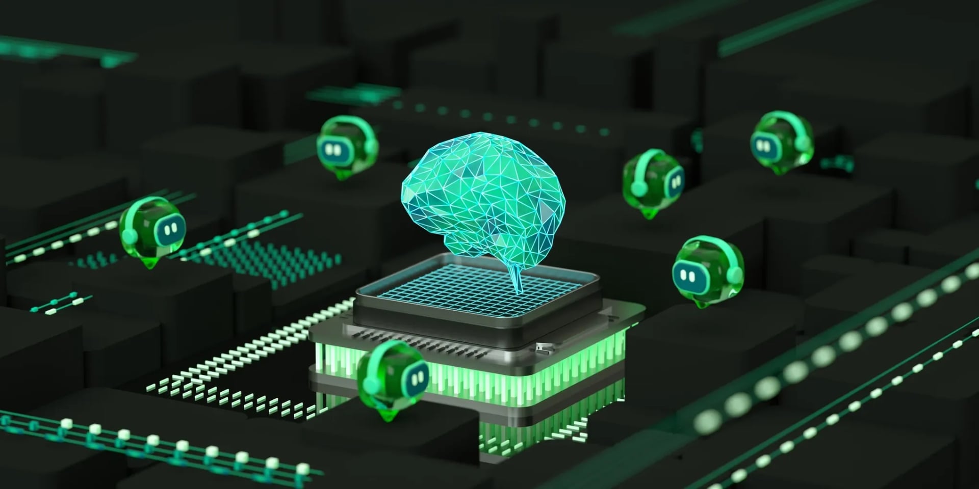 3D illustration of a glowing cyan wireframe brain on a processor chip surrounded by floating robotic agent icons on a dark digital circuit board, representing multi-agent AI networks.