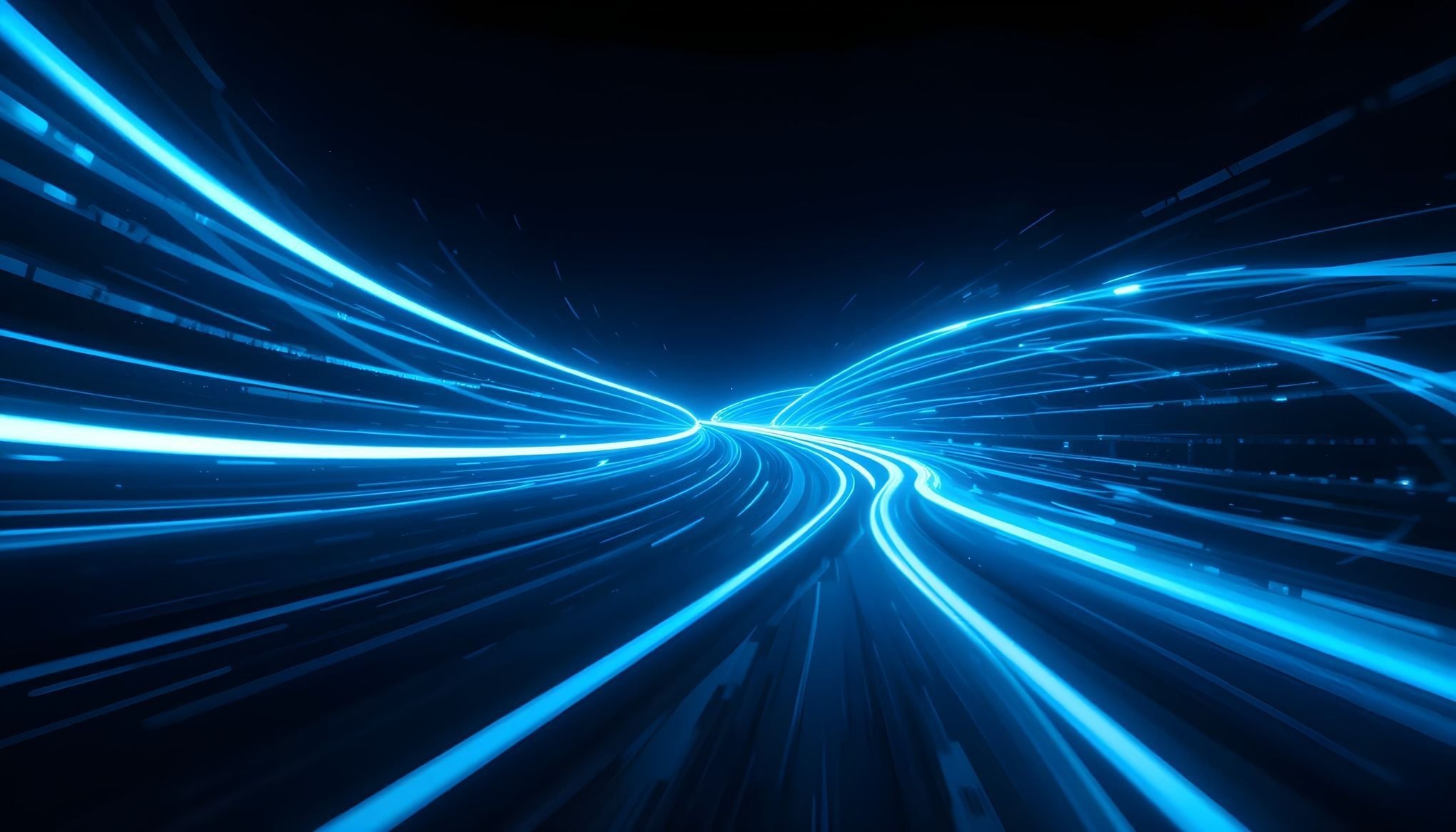 Abstract blue neon light streaks flowing at high speed in a digital environment, representing the agility and real-time connectivity of nearshore development teams